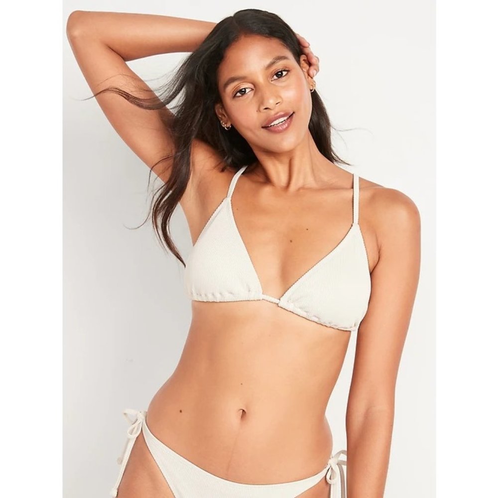 Old Navy Rib-Knit Triangle String Bikini Swim Top, size Small, Creme De La Creme